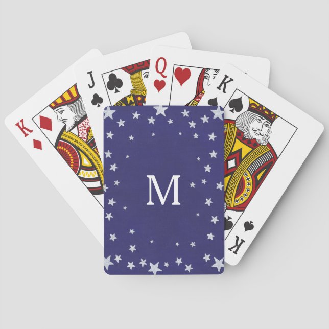 Lively Silver Stars on Blue Monogram Playing Cards (Back)