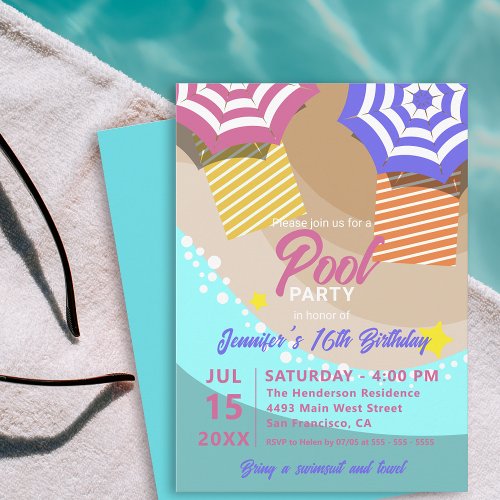Lively Summer 16th Birthday Pool Party Invitation