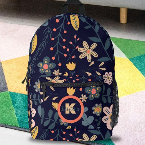 Lively Whimsical Flowers and Leaves on Navy Blue  Printed Backpack