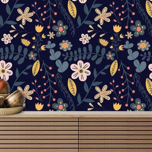 Lively Whimsical Flowers and Leaves on Navy Blue