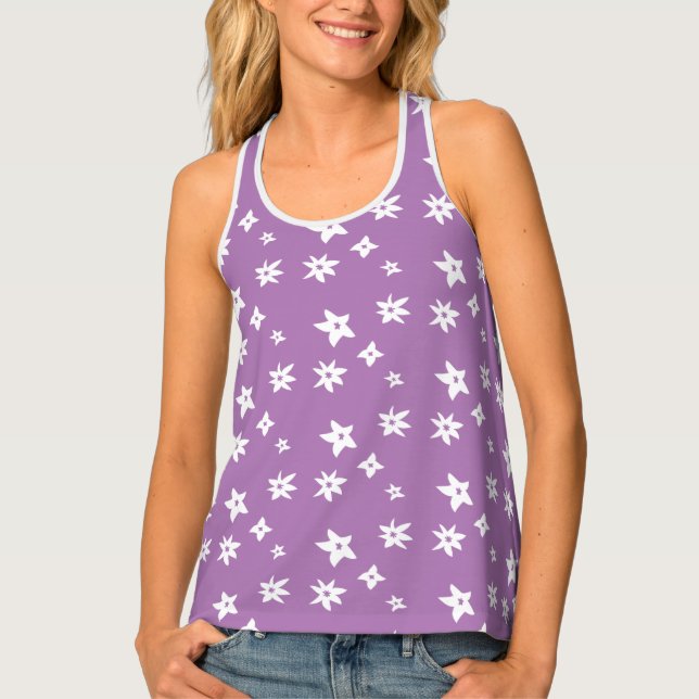 Lively White and Lilac Line Drawing Floral Graphic Tank Top (Front)
