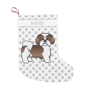 Liver And White Shih Tzu Cartoon Dog &amp; Name Small Christmas Stocking