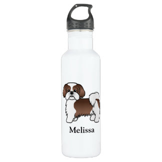 Liver And White Shih Tzu Cartoon Dog &amp; Name Stainless Steel Water Bottle