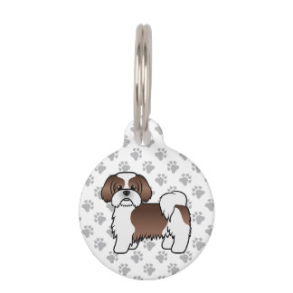 Liver And White Shih Tzu Cartoon Dog & Pet's Info Pet ID Tag