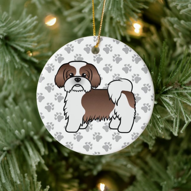 Liver And White Shih Tzu Cute Cartoon Dog Ceramic Ornament (Tree)