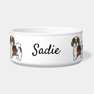 Liver And White Shih Tzu Cute Cartoon Dog & Name Bowl