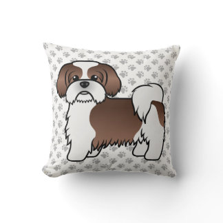 Liver And White Shih Tzu Cute Cartoon Dog &amp; Paws Throw Pillow
