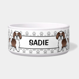 Liver And White Shih Tzu Cute Dog With Paws & Name Bowl