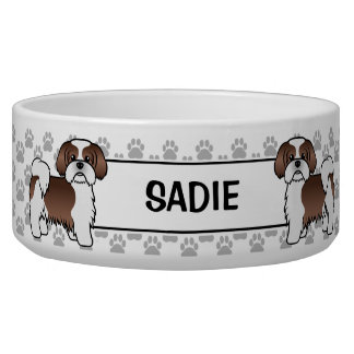 Liver And White Shih Tzu Cute Dog With Paws &amp; Name Bowl