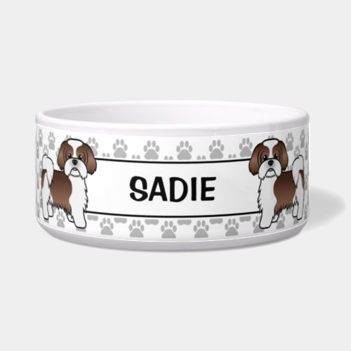 Liver And White Shih Tzu Cute Dog With Paws  Name Bowl