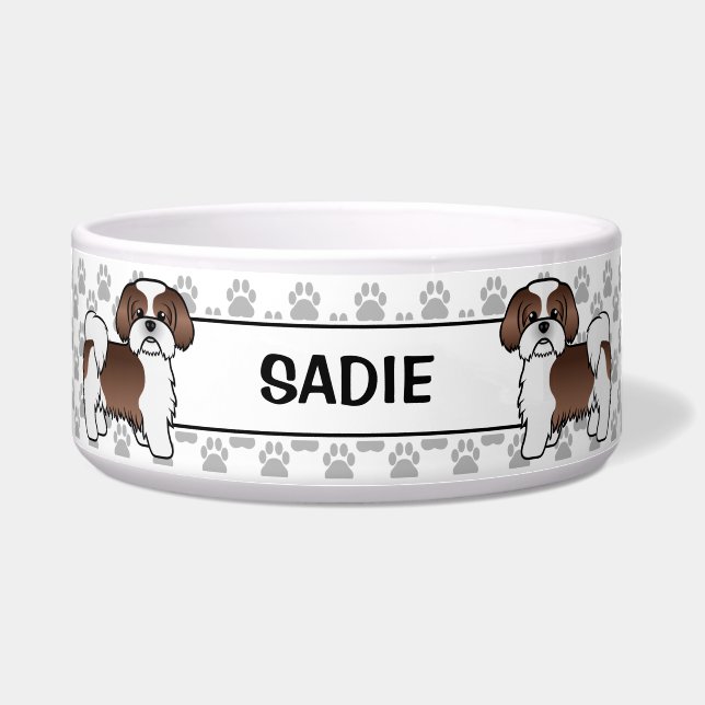 Liver And White Shih Tzu Cute Dog With Paws & Name Bowl (Front)