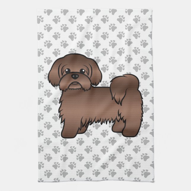 Liver Brown Shih Tzu Cute Cartoon Dog Illustration Kitchen Towel (Vertical)