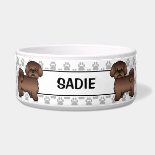 Liver Brown Shih Tzu Cute Dog With Paws & Name Bowl