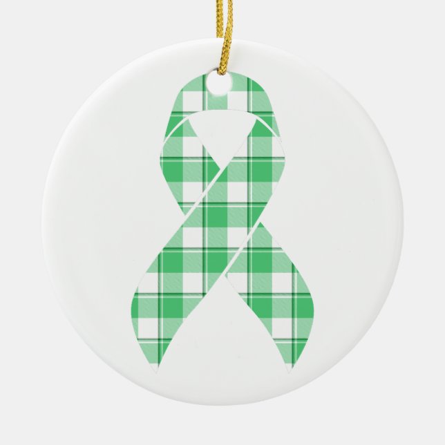 Liver Cancer Awareness Plaid Green Ribbon Survivor Ceramic Ornament (Front)