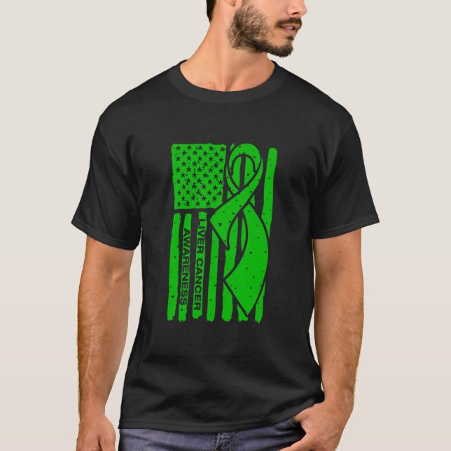 Liver Cancer Awareness Ribbon American Flag T-Shirt (Front)