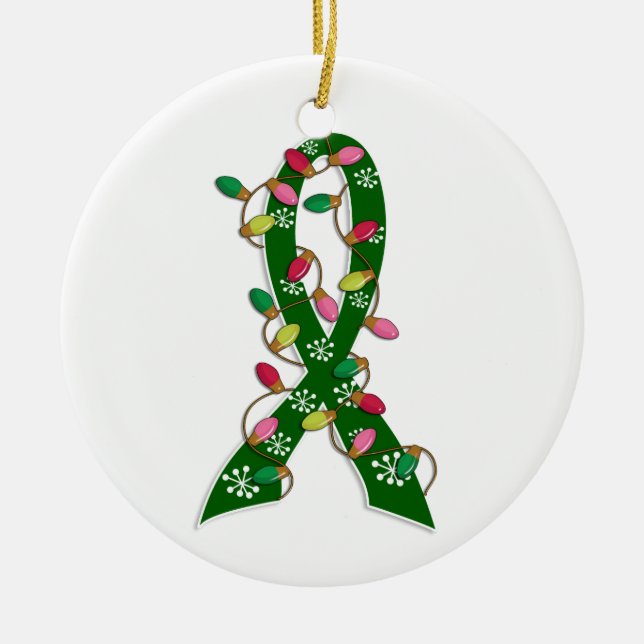 Liver Cancer Christmas Lights Ribbon Ceramic Ornament (Front)