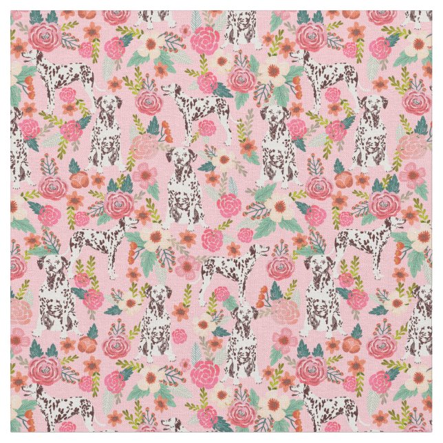 Liver Dalmatian  dog pink florals Fabric (Close Up)