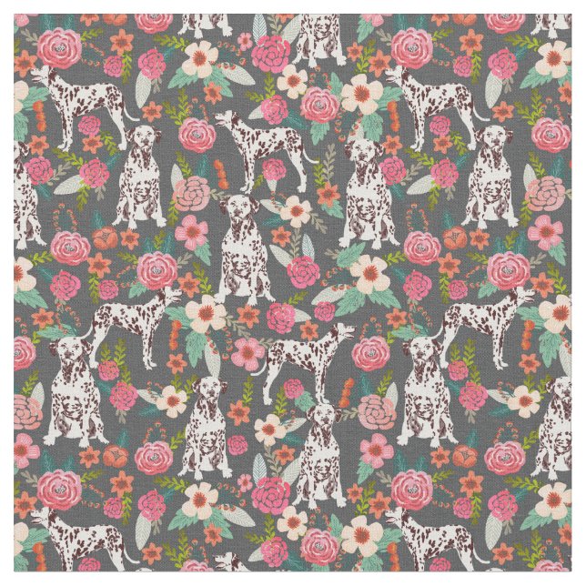 Liver Dalmatian dog vintage florals Fabric (Close Up)