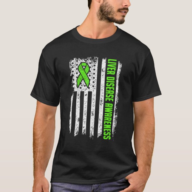 Liver Disease Awareness American Flag  Self Care R T-Shirt (Front)