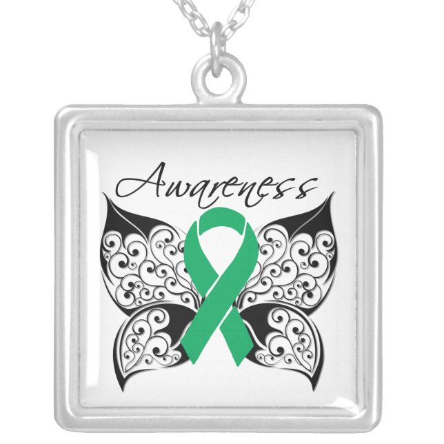 Liver Disease Awareness Tattoo Butterfly Silver Plated Necklace (Front)