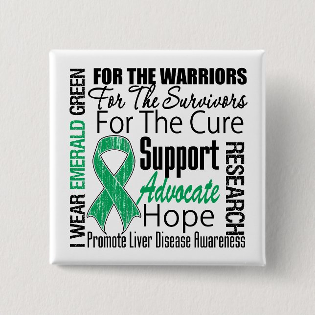 Liver Disease I Wear Emerald Green Ribbon Button (Front)