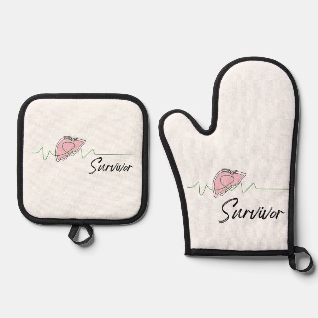 Liver Transplant Recipient Survivor Recovery Gift Oven Mitt & Pot Holder Set (Front)