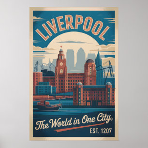 Liverpool England Retro Style Cityscape Travel Poster