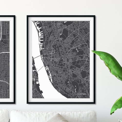 Liverpool Map Modern Charcoal Gray City Map Poster