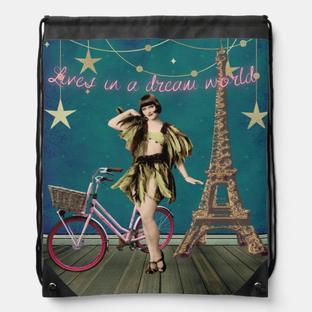 Lives In A Dream World Funky Altered Art  Drawstring Bag (Front)