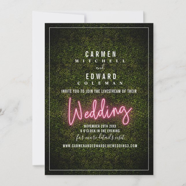 Livestream Virtual Wedding Neon Sign Boxwood Invitation (Front)