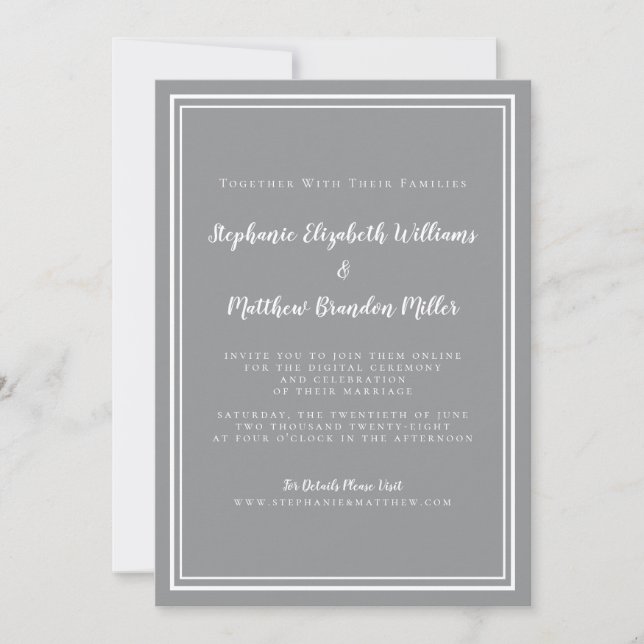Livestream Wedding Gray & White Minimalist Invitation (Front)