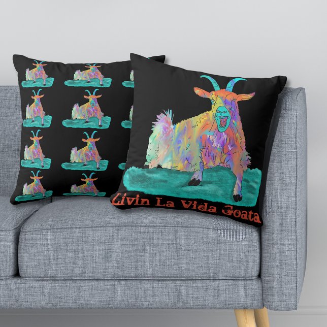 Livin La Vida Goata Screaming Goat Quote Throw Pillow (Livin la Vida goata screaming goat colorful animal art pillow)