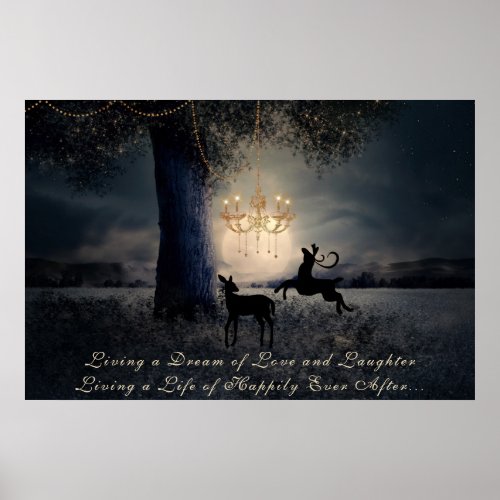Living a Dream  Full Moon Tree and Deer Poster