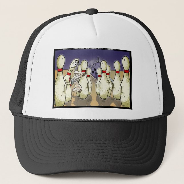 Living Bowling Pin Will Funny Gifts Tees Cards Etc Trucker Hat (Front)