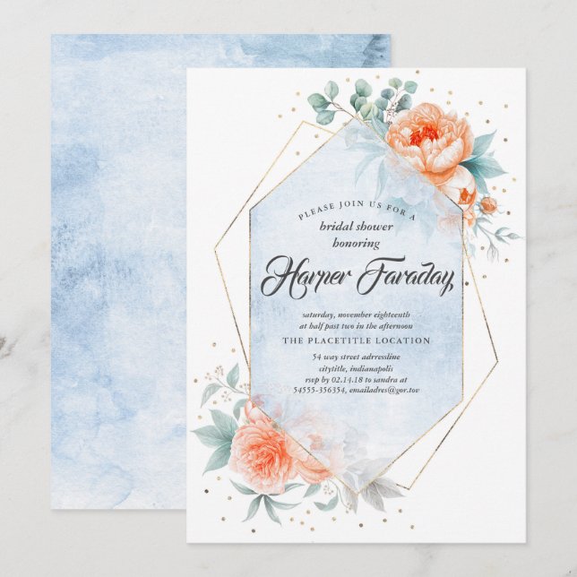 Living Coral and Dusty Blue Floral Bridal Shower Invitation (Front/Back)