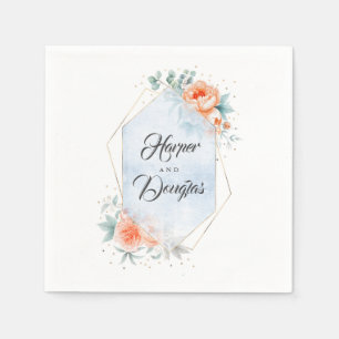 Living Coral and Dusty Blue Floral Wedding Napkins