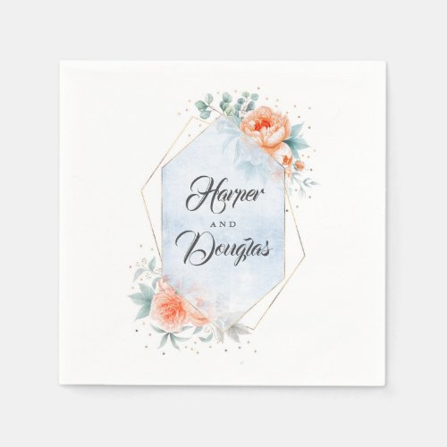 Living Coral and Dusty Blue Floral Wedding Napkins