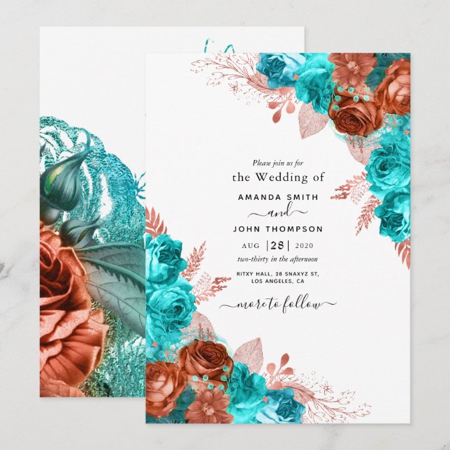 Living Coral and Teal Wedding Invitation (Front/Back)