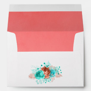 Living Coral and Turquoise Floral Wedding Envelope