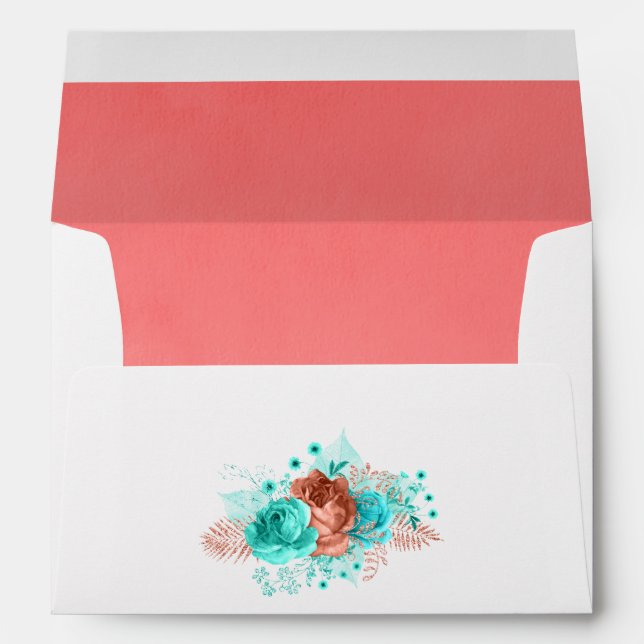 Living Coral and Turquoise Floral Wedding Envelope (Back (Bottom))