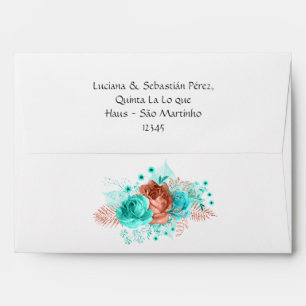 Living Coral and Turquoise Floral Wedding Envelope