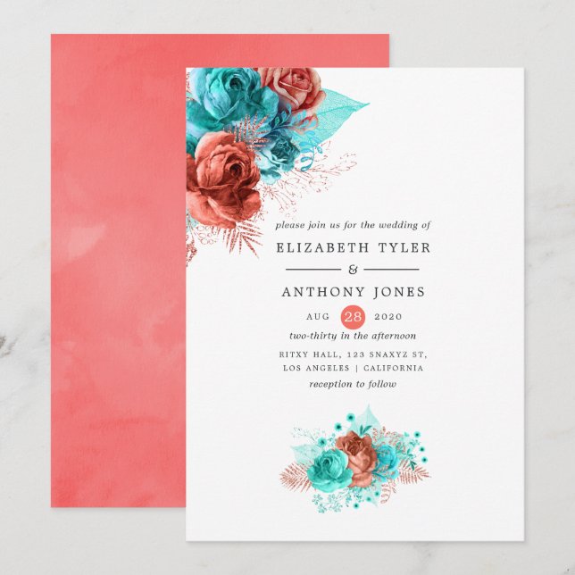 Living Coral and Turquoise Floral Wedding Invitation (Front/Back)
