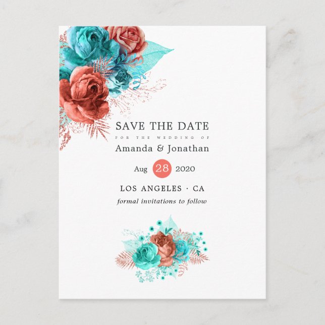 Living Coral and Turquoise Wedding Save the Date Announcement Postcard (Front)