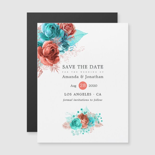 Living Coral and Turquoise Wedding Save the Date Magnetic Invitation (Front/Back)