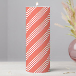 Living coral and white four stripes pattern pillar candle