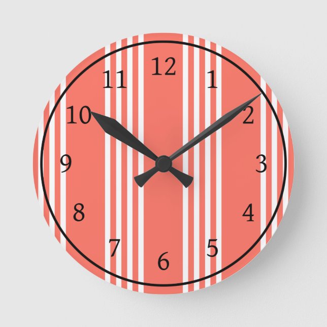 Living coral and white four stripes pattern round clock (Front)