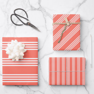 Living coral and white four stripes pattern wrapping paper sheets