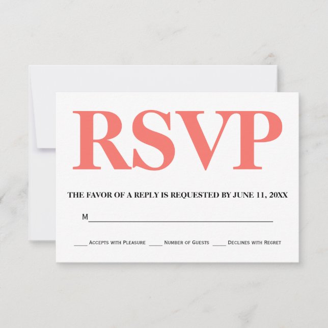 Living coral and white typography wedding RSVP (Front)