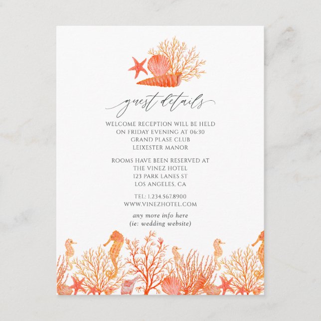 Living Coral Beach Wedding Guest Details Enclosure Card (Front)