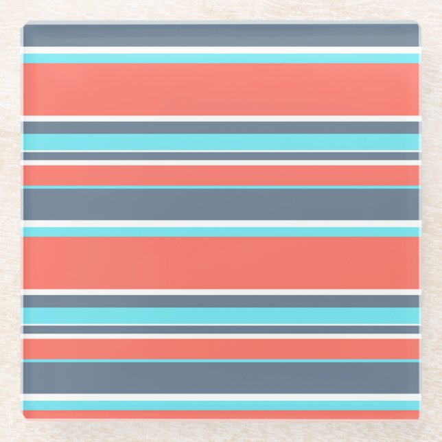 Living coral, blue and gray stripes glass coaster (Front)